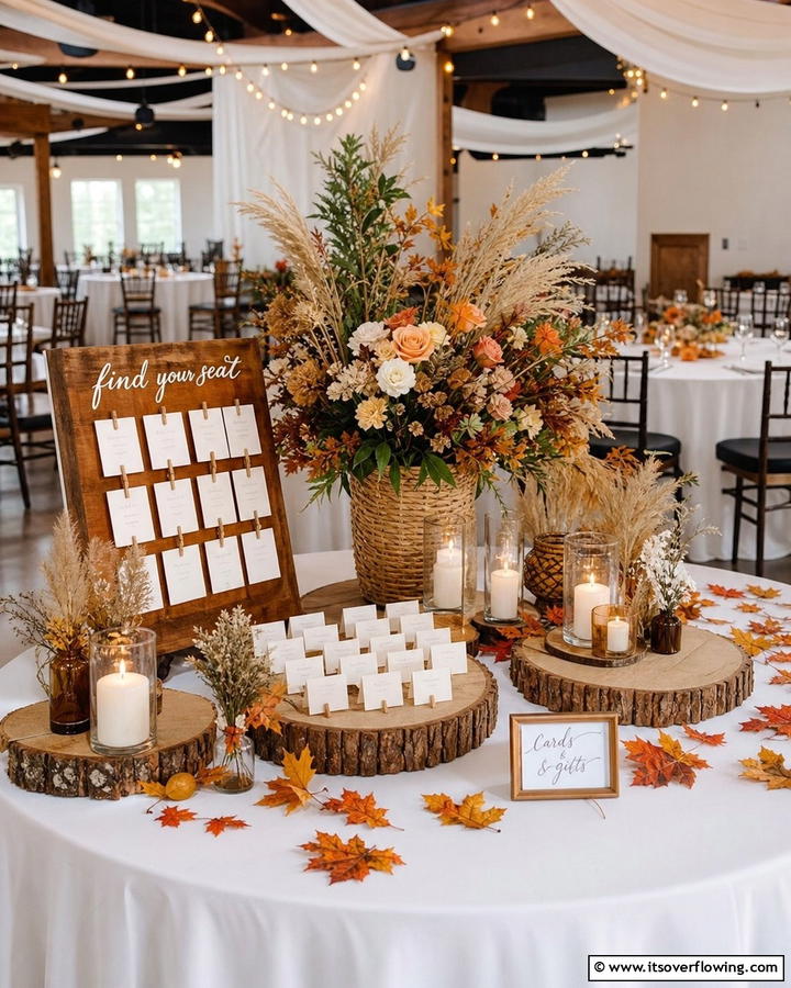 Wood Slice Accents - 21 Fall Wedding Décor Ideas for a Seasonal Celebration
