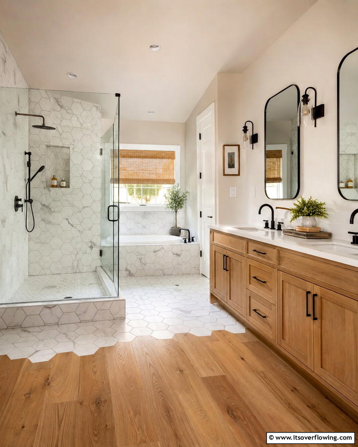 Wood and Tile Combination - 30 Wood Floor Ideas for Bathrooms- Warmth Meets Function
