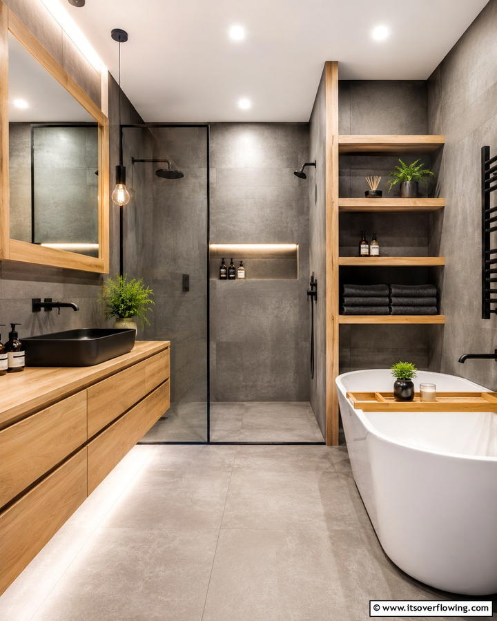 Wooden Accents - 25 Black and Grey Bathroom Ideas for a Sleek Design