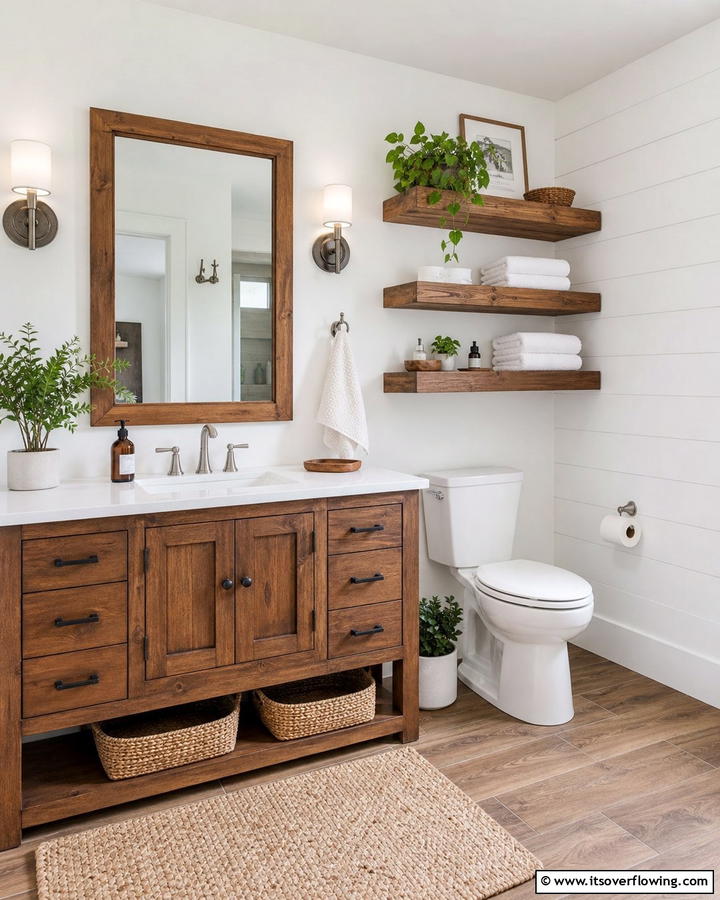 Wooden Accents Against White Walls - 20 Timeless Brown and White Bathroom Ideas for a Clean Look