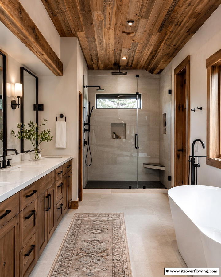 Wooden Accents for Cozy Charm - 25 Rustic Walk-in Shower Ideas for a Spa-Like Bathroom