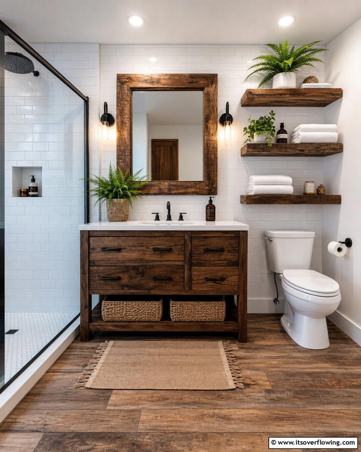 Wooden Accents for Rustic Charm - 25 Brown Bathroom Ideas for a Warm and Inviting Space