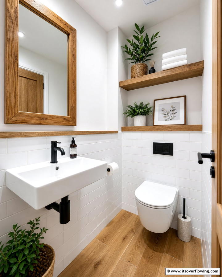 Wooden Accents for Warmth - 25 Downstairs Toilet Ideas for Small Spaces