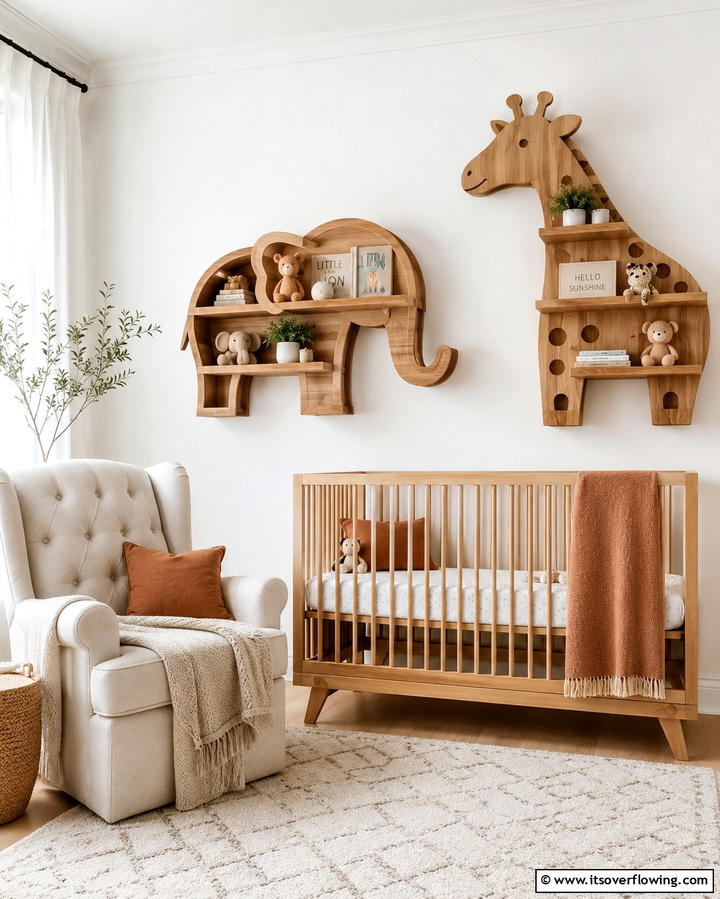Wooden Animal Shelves - 30 Safari Nursery Decor Ideas for Adventurous Baby Rooms