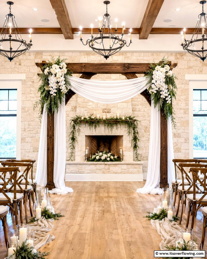 Wooden Arch with Drapery - 30 Beautiful Wedding Backdrop Design Inspirations
