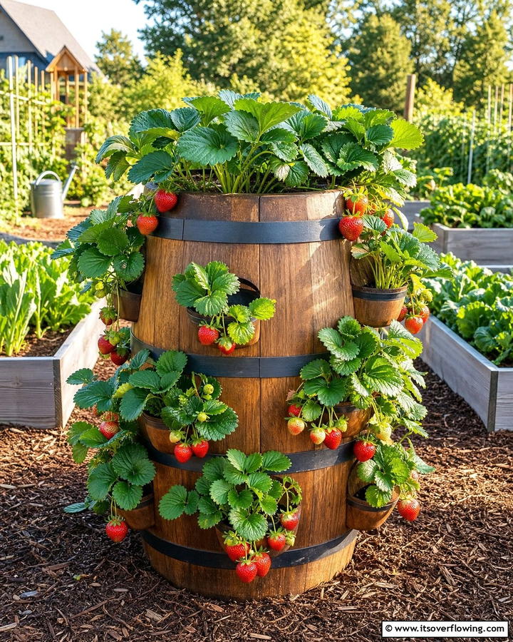 Wooden Barrel Strawberry Towers - 25 Strawberry Planter Ideas for Fresh Homegrown Berries