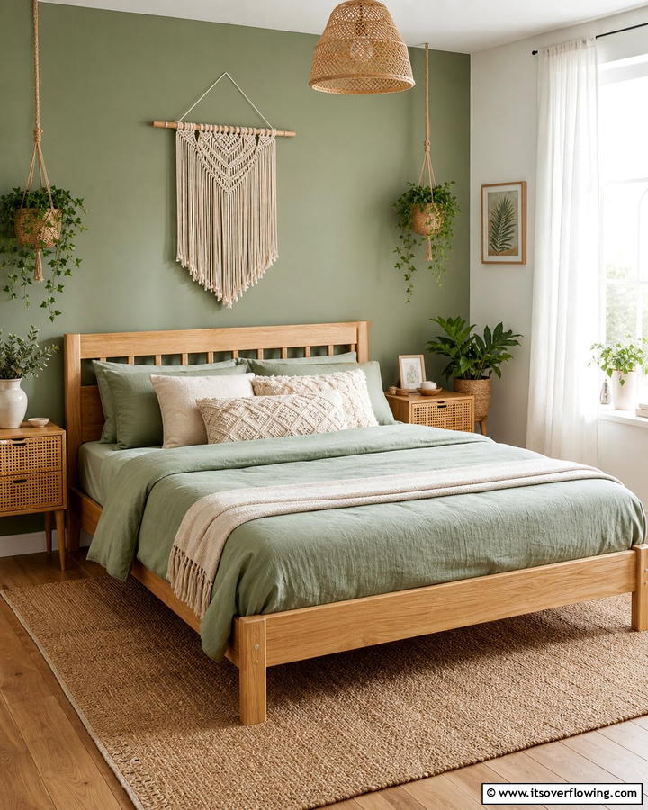 Wooden Bed Frame with Sage Accents - 25 Boho Sage Green Bedroom Ideas for a Serene Retreat
