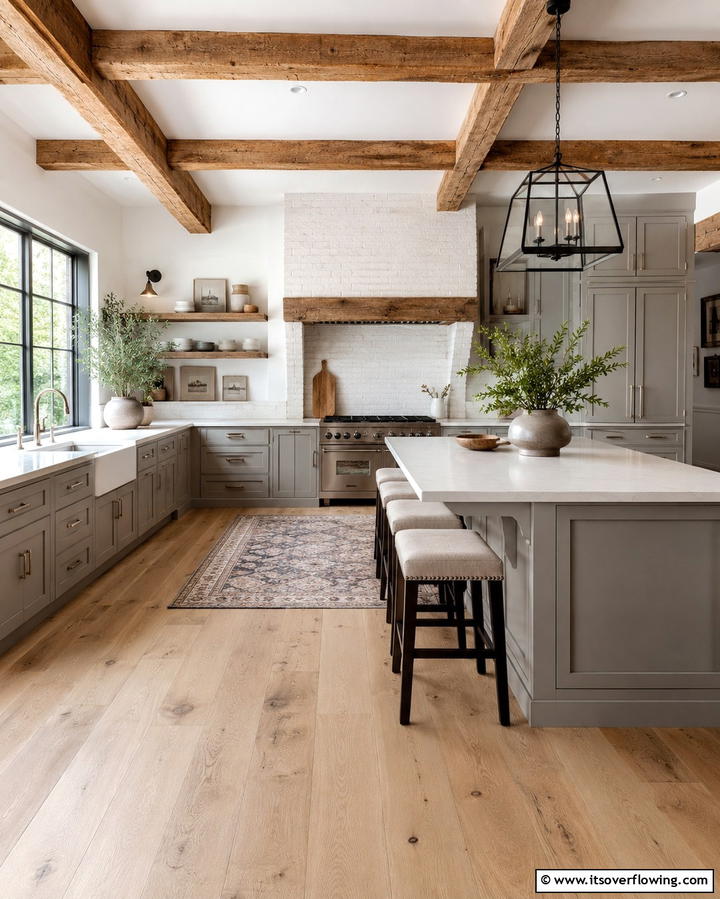 Wooden Ceiling Beams for a Rustic Touch - 25 Farmhouse Kitchen with Gray Cabinets Ideas