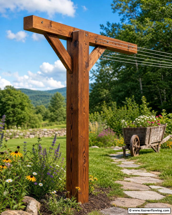 Wooden Clothesline Poles for a Rustic Appeal - 25 Outdoor Clothesline Ideas for Efficient Drying