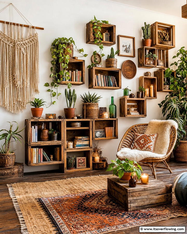 Wooden Crate Shelves - 20 Unique Indie Room Ideas for a Boho Vibe