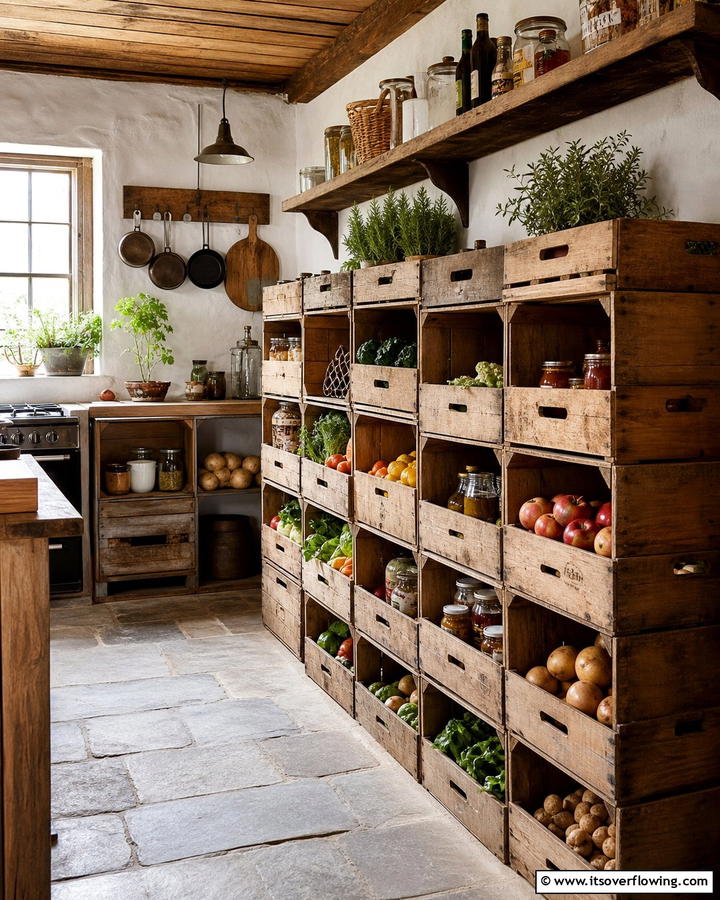 Wooden Crate Storage - 20 Primitive Kitchen Ideas for a Rustic Charm
