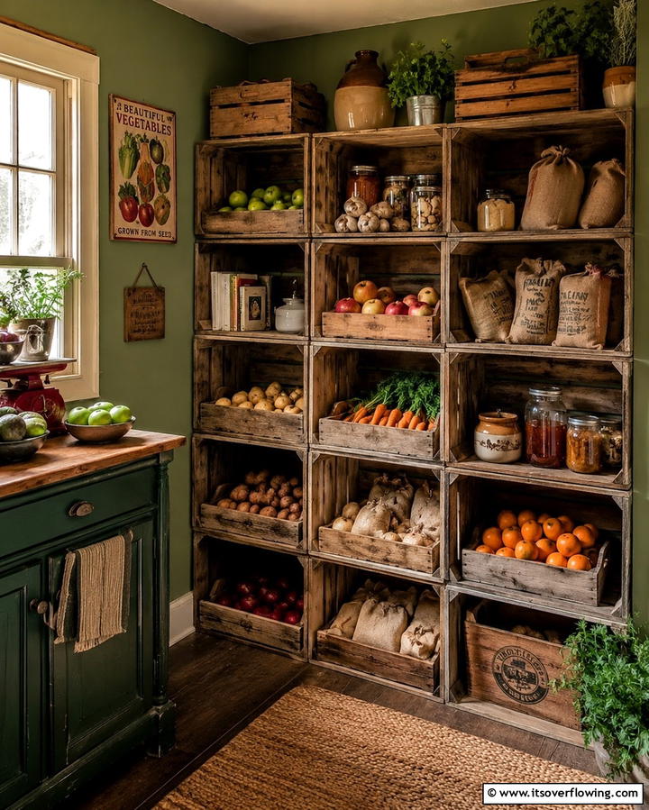 Wooden Crates for Vintage Appeal - 25 Open Pantry Ideas to Organize Your Kitchen