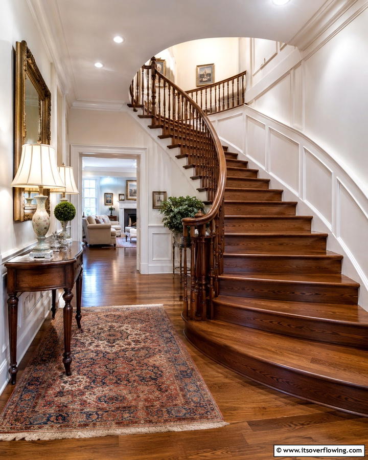 Wooden Curved Stairs with Classic Charm - 30 Elegant Curved Staircase Designs to Elevate Your Home’s Style