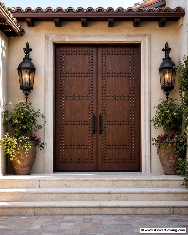 Wooden Doors with Decorative Nailheads - 25 Mediterranean Front Door Ideas for a Warm Welcome