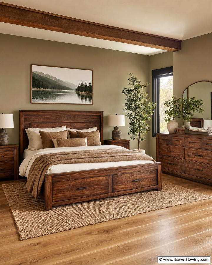 Wooden Furniture Against Khaki Tones - 20 Khaki Bedroom Ideas for a Neutral and Relaxing Space