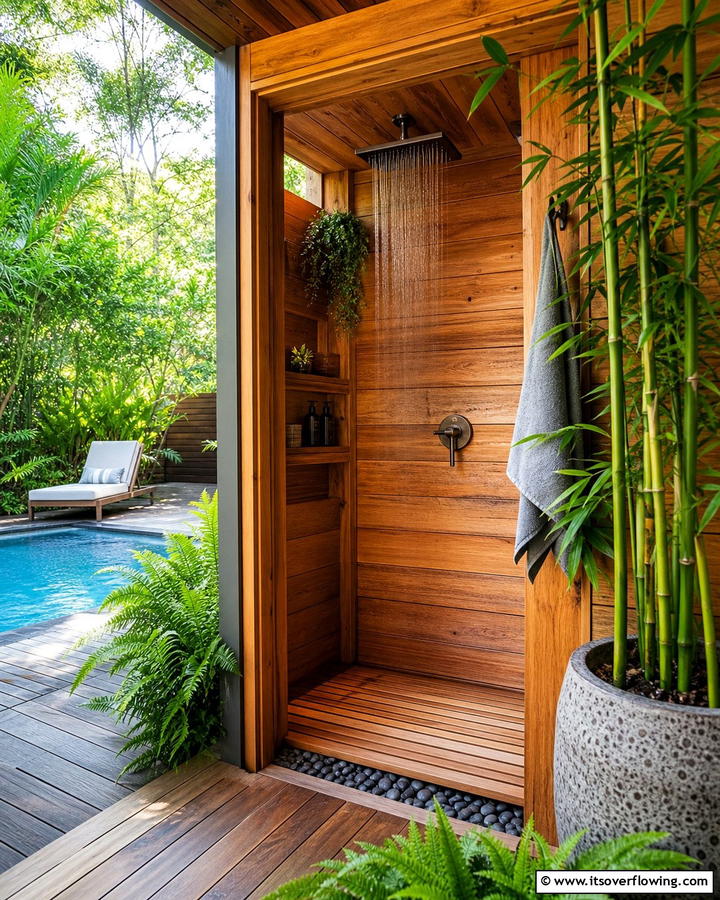 Wooden Haven Experience - 21 Outdoor Shower Designs for Poolside Luxury & Functionality