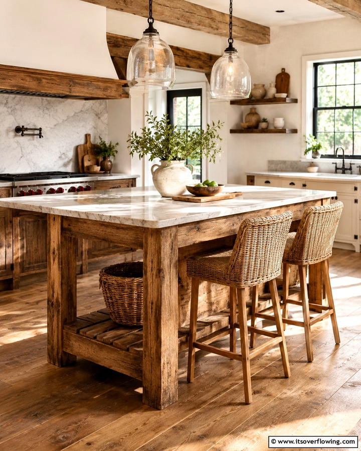 Wooden Kitchen Island - 30 Charming White Farmhouse Kitchen Inspirations