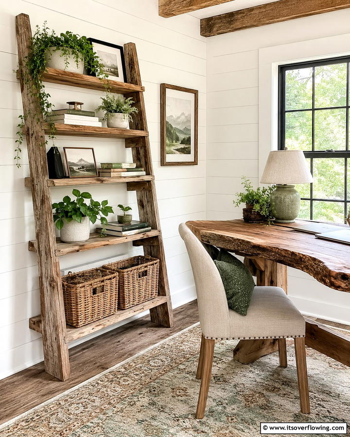 Wooden Ladder Storage Solutions - 30 Rustic Home Office Ideas for a Cozy Workspace