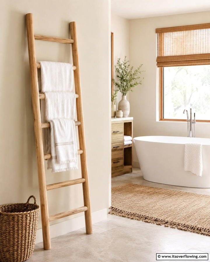 Wooden Ladder Towel Racks - 25 Scandinavian Bathroom Ideas for a Minimalist and Cozy Space