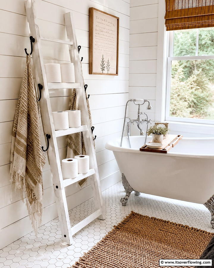 Wooden Ladder with Hooks - 20 Toilet Paper Storage Ideas for Organized Bathrooms