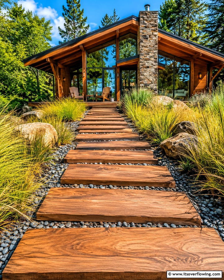 Wooden Plank Walkways for Rustic Appeal - 25 Front Walkway Ideas to Enhance Your Home’s Curb Appeal