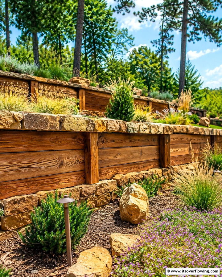 Wooden Retaining Walls with Stone Accents - 20 Durable Wood Retaining Wall Ideas for Your Yard