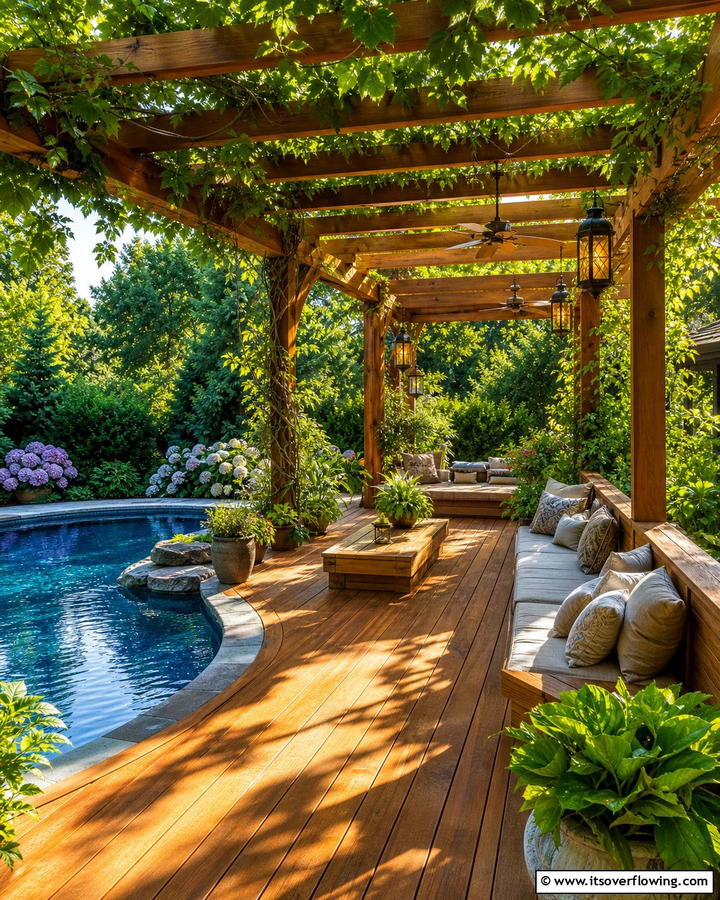 Wooden Retreat Pool Deck with Pergola - 21 Pool Deck Layouts for Safe & Stylish Swimming Areas