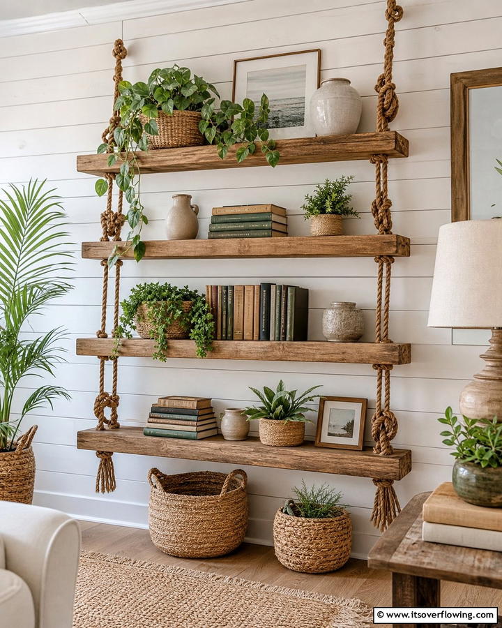 Wooden Shelves with Rope Accents - 20 Rustic Wall Decor Ideas for a Cozy and Charming Home