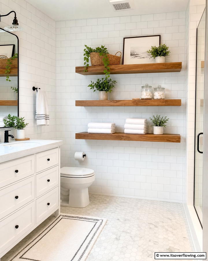 Wooden Shelves with White Tiles - 20 Timeless Brown and White Bathroom Ideas for a Clean Look