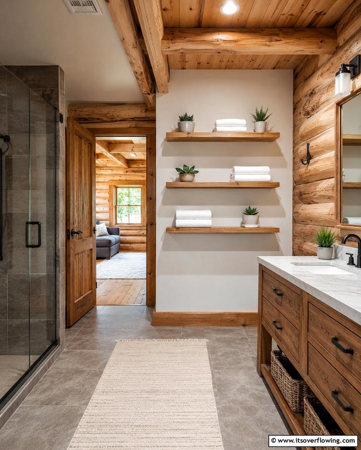 Wooden Shelving - 25 Log Cabin Bathroom Ideas for a Rustic and Relaxing Retreat