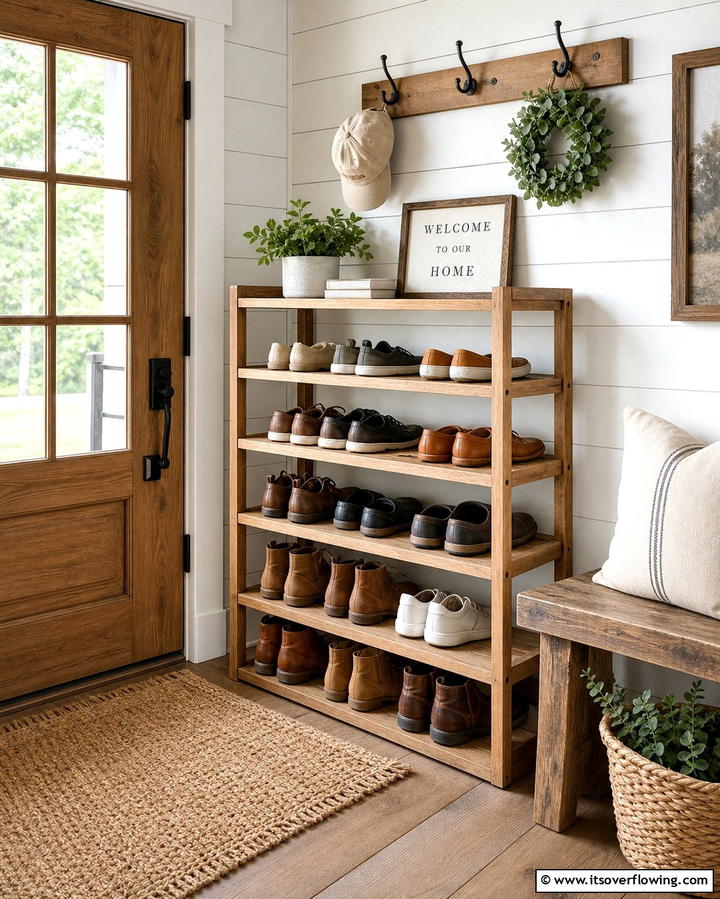 Wooden Shoe Racks - 25 Farmhouse Entryway Ideas for a Warm and Welcoming First Impression