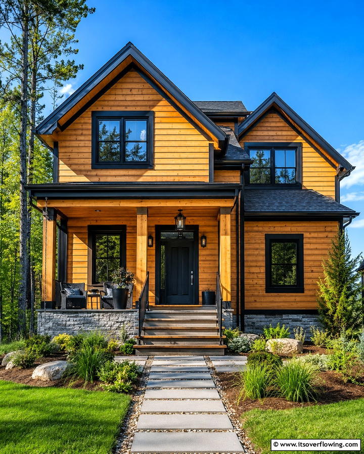 Wooden Siding with Black Trim - 25 Black House With Wood Accents Ideas for a Bold Design