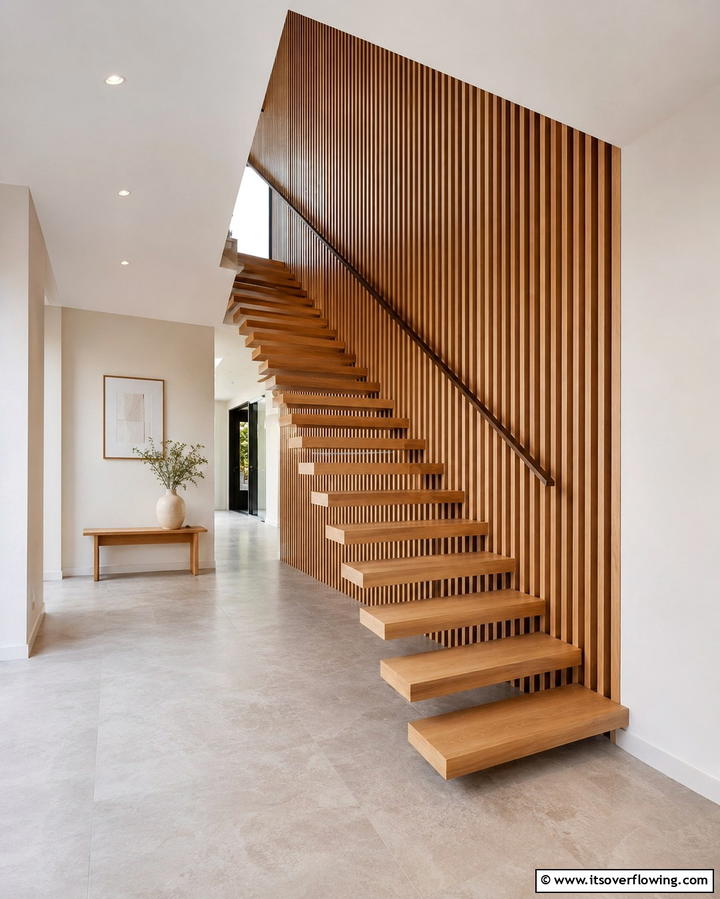 Wooden Slat Accents - 30 Open Staircase Ideas to Elevate Your Home Organization