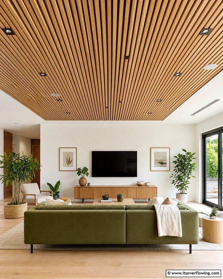Wooden Slat Ceiling - 20 Living Room False Ceiling Design Ideas to Elevate Your Space