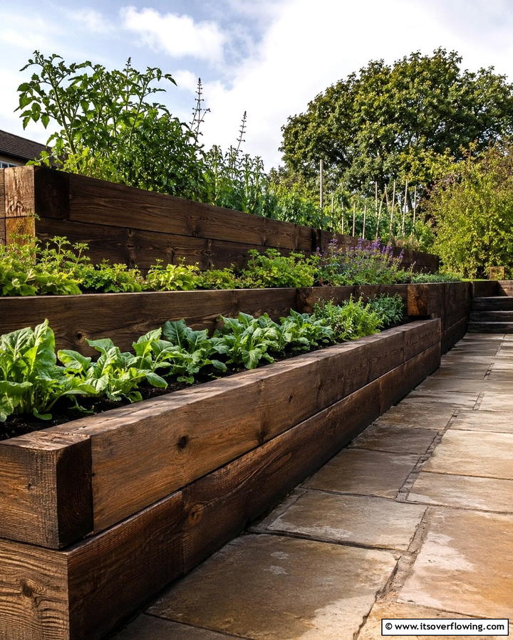 Wooden Sleepers for a Natural Touch - 25 Low Maintenance Garden Border Ideas for Easy Landscaping