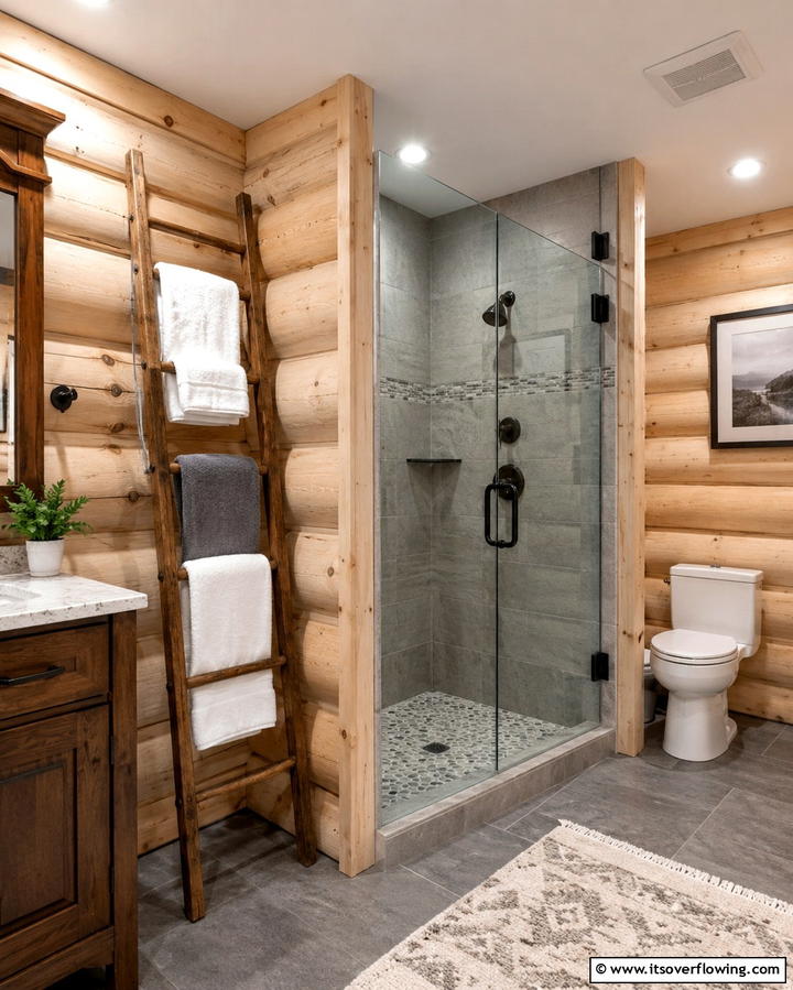 Wooden Towel Ladders - 25 Log Cabin Bathroom Ideas for a Rustic and Relaxing Retreat