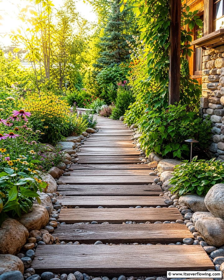 Wooden Walkway with Stones - 17 Rock Walkway Ideas for Natural and Low-Maintenance Paths