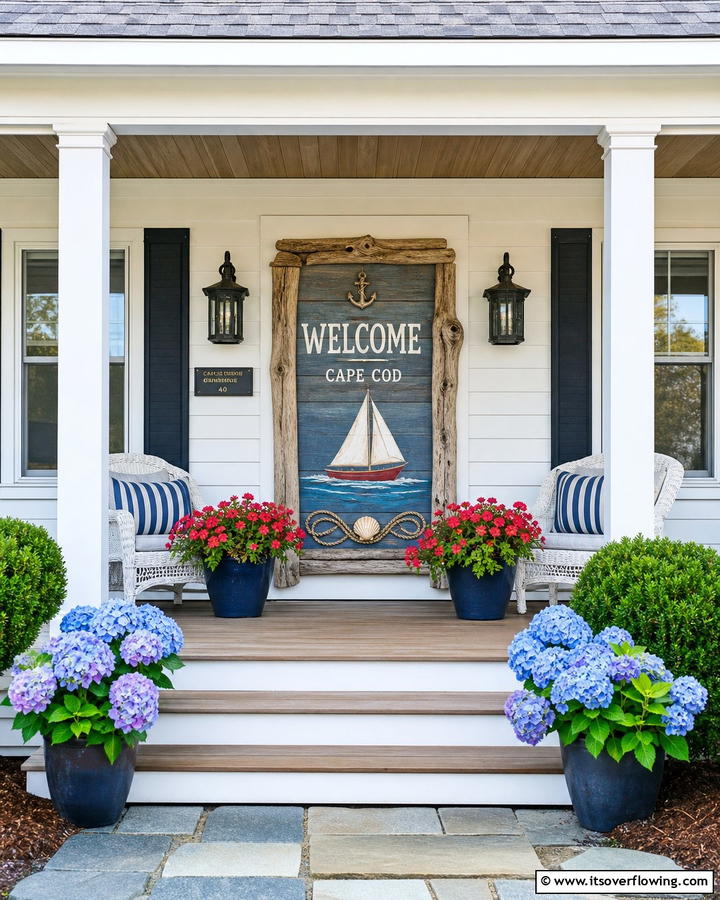 Wooden Welcome Sign - 20 Small Cape Cod Front Porch Ideas for Charm