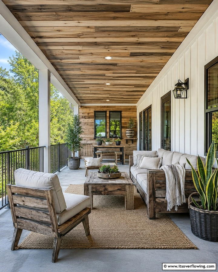 Woodgrain Vinyl with Mixed Tones - 20 Vinyl Porch Ceiling Ideas for a Stunning Outdoor Look