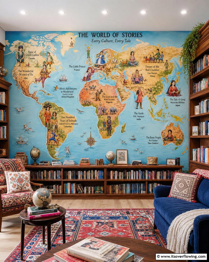 World Map of Stories - 20 Library Murals to Inspire Your Next Home Project