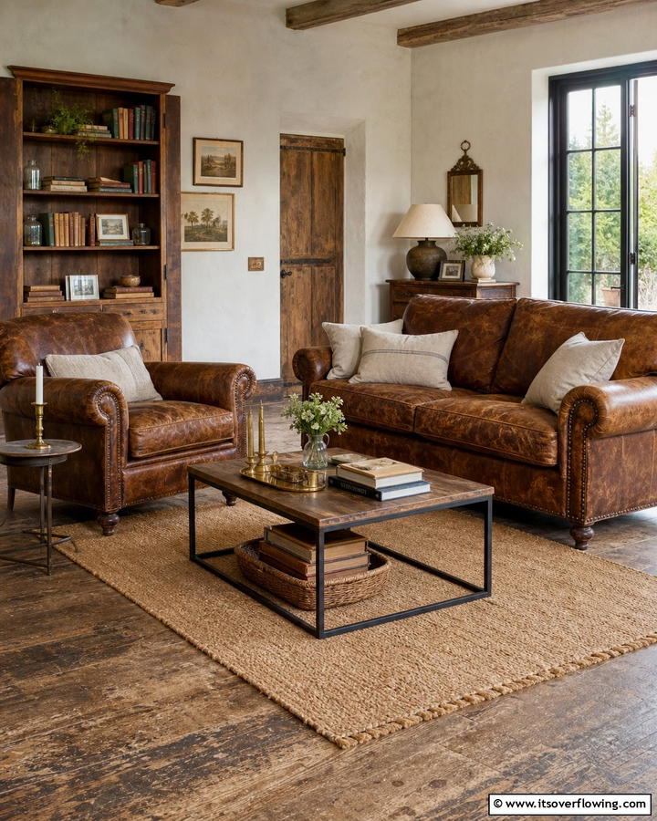 Worn Leather Comfort - 21 French Country Living Room Ideas for Rustic Elegance