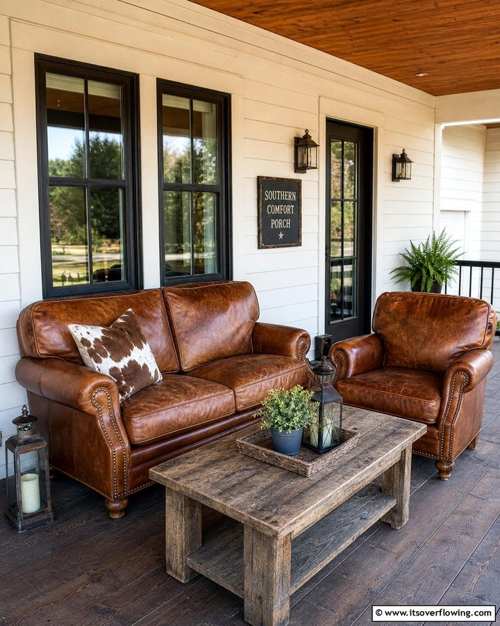 Worn Leather Outdoor Seating - 30 Rustic Front Porch Ideas for a Welcoming Entryway