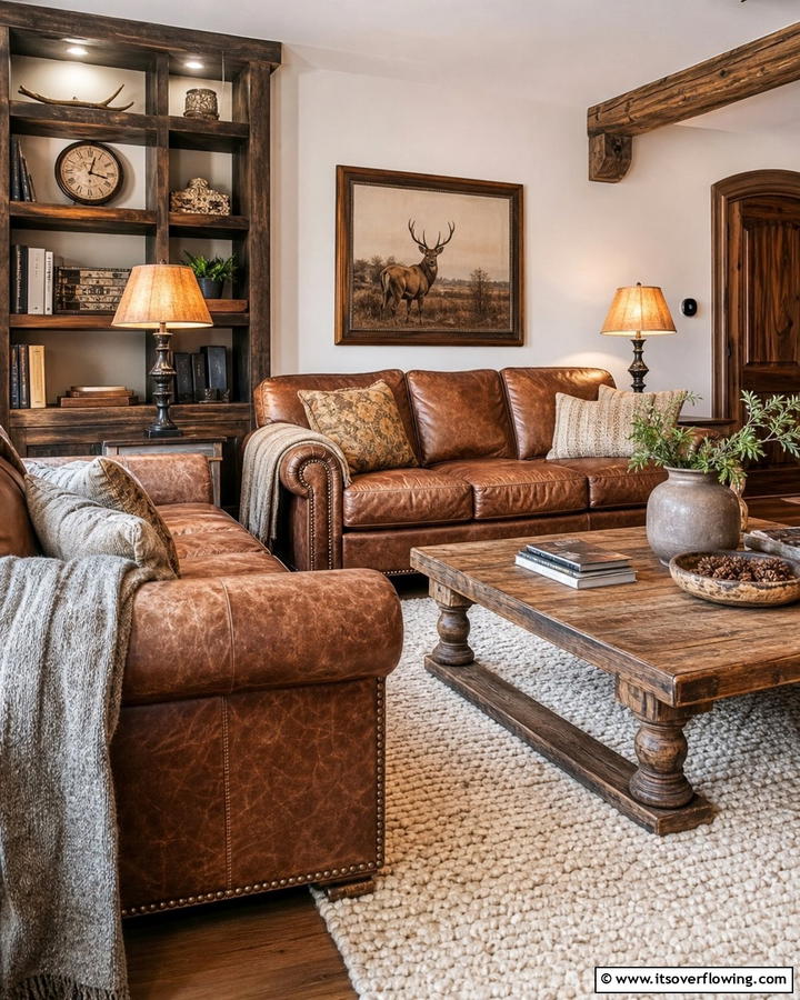 Worn Leather Sophistication - 21 Country Living Room Ideas with Rustic Elegance