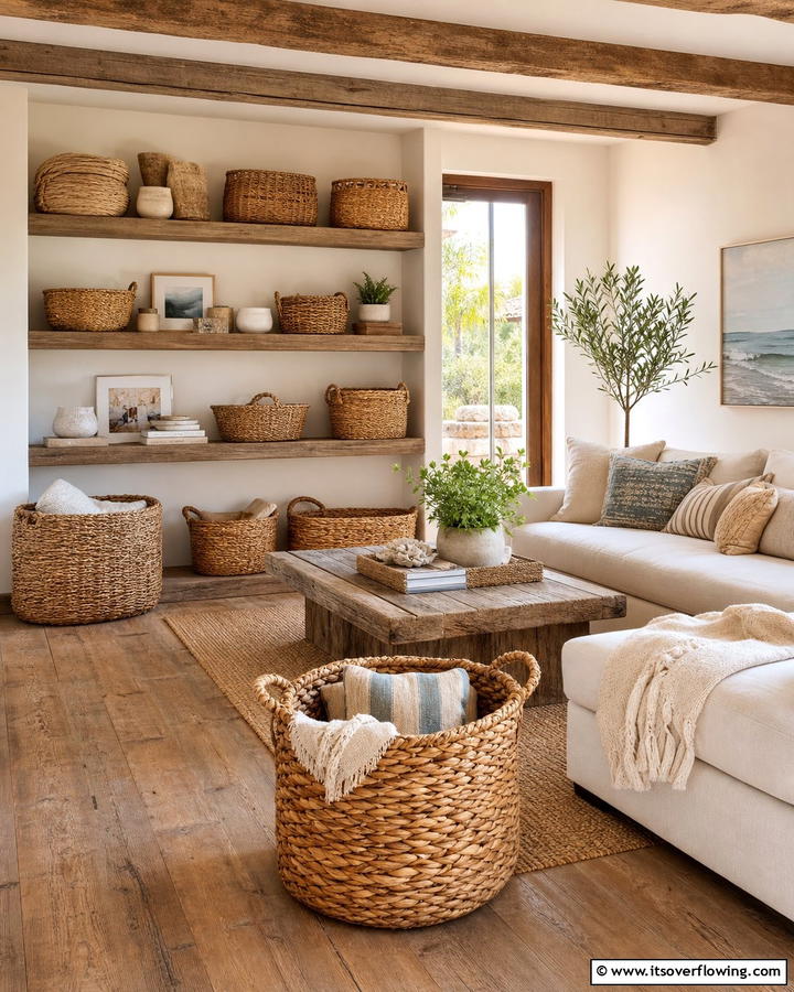 Woven Basket Storage - 21 Rustic Living Room Ideas for Cozy Natural Interior Designs