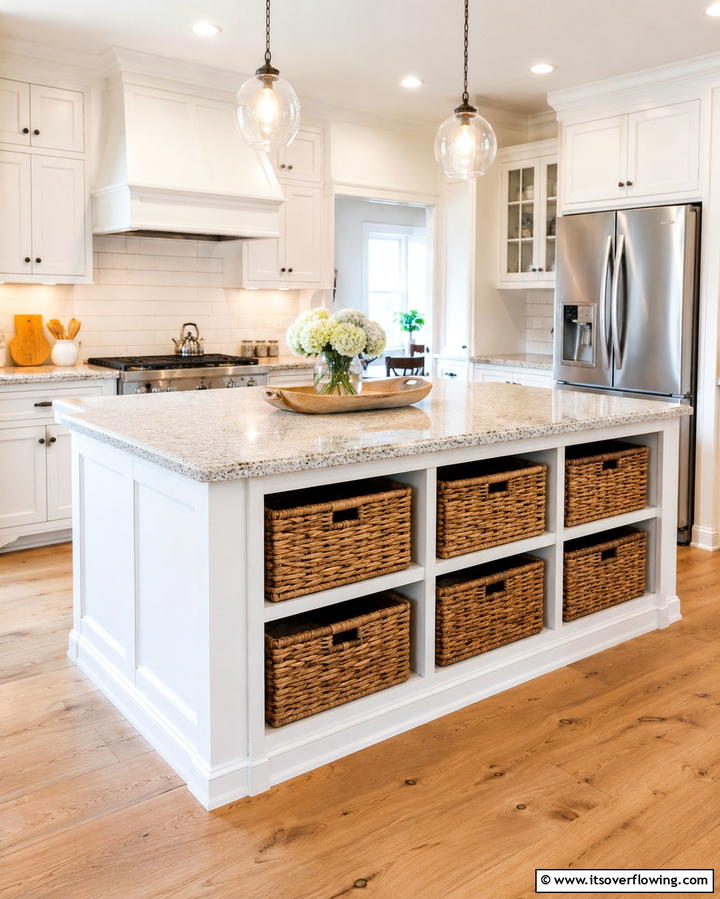 Woven Basket Storage - 25 Farmhouse Kitchen Island Ideas for Rustic Charm