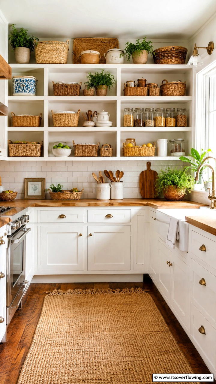 Woven Basket Storage Solutions - 30 Cottage Kitchen Ideas for Cozy, Charming Farmhouse Style