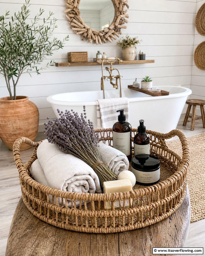 Woven Basket Tray for Rustic Charm - 25 Stylish Bathroom Tray Ideas to Organize and Decorate