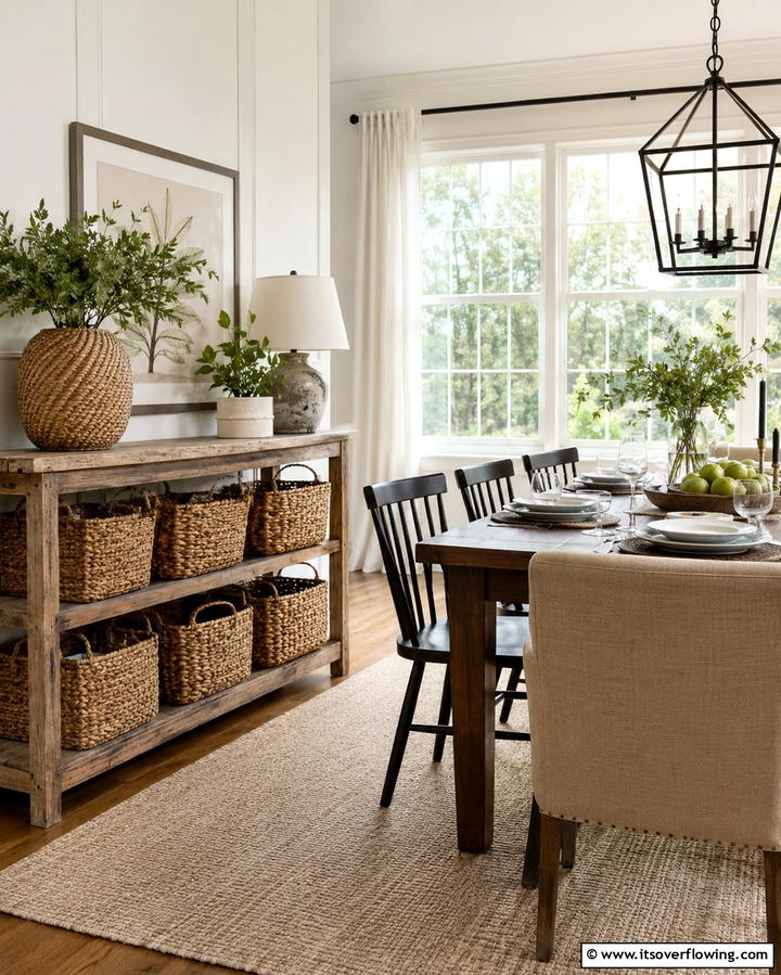 Woven Baskets as Storage - 30 Rustic Dining Room Ideas for Cozy Family Gatherings