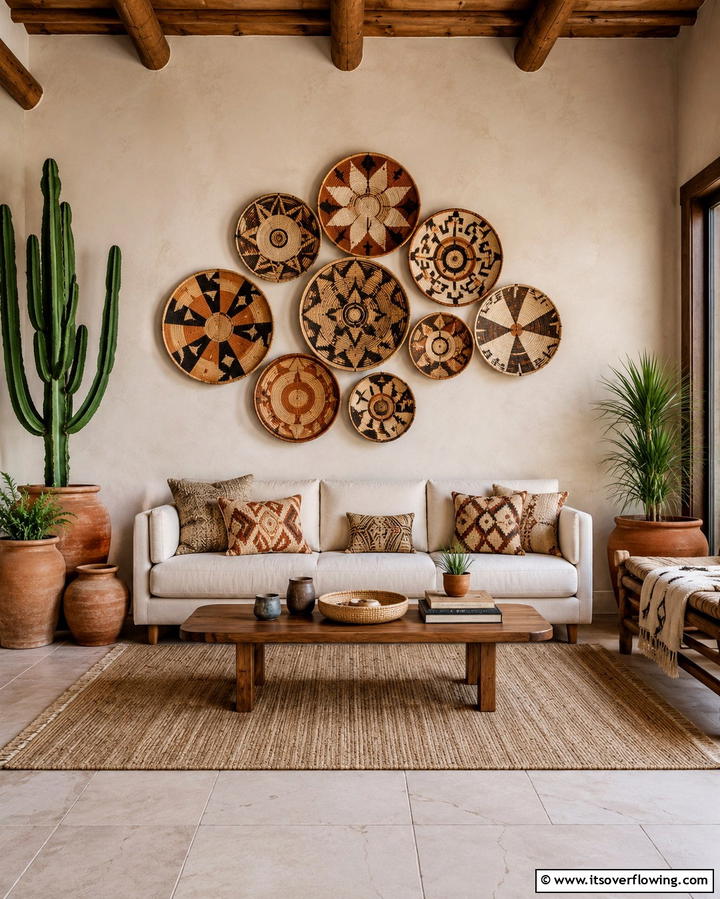 Woven Baskets as Wall Decor - 30 Warm Southwestern Living Room Decor Concepts