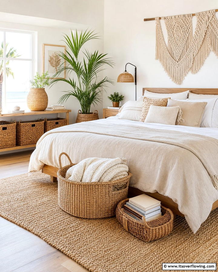 Woven Baskets for Functional Decor - 20 Boho Beach Bedroom Ideas for a Relaxing Retreat